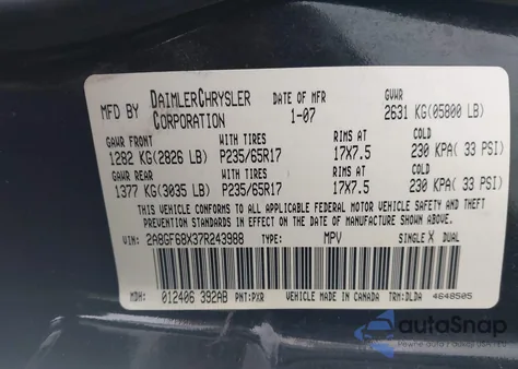 2007 Chrysler Pacifica Touring z USA, uszkodzony, nr VIN 2A8GF68X37R243988